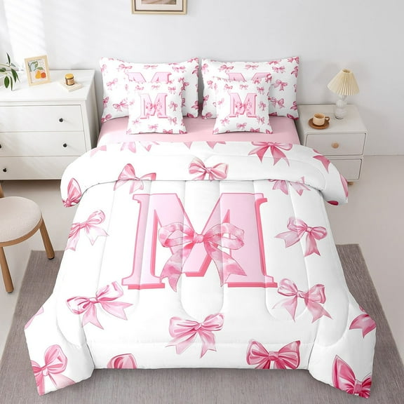 Erosebridal Letter Bedding Sets Twin Size For Teens,Pink Bowknot Comforter Sets with Sheets,Princess Room Decorative,Reversible,Breathable,7-Piece