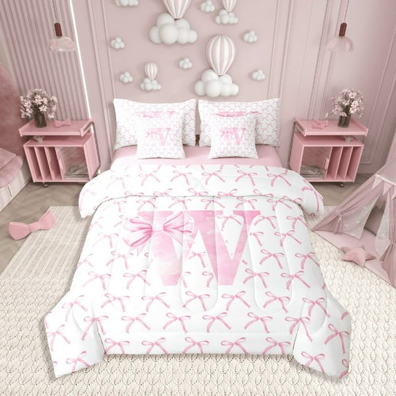 Erosebridal Letter Bow Bedding Queen Size,Monogrammed Initial Comforter Sets with Sheets,Dreamy Room Decorative,Reversible,Lightweight,7 Pieces