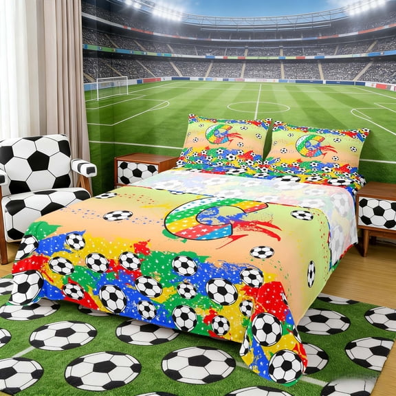 Erosebridal Letter C Orange Gradient Soccer Ball Print Queen Sheet Sets, Sports Monogram Bed Set for Kids Boys and Girls, 1 Flat Sheet, 1 Fitted Sheet and 2 Pillowcases