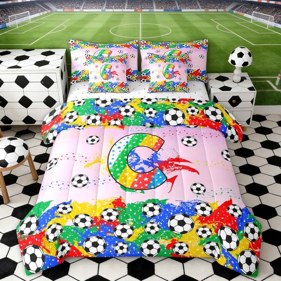 Erosebridal Letter C Pink Gradient Soccer Ball Print Bedding Comforter Set, Sports Monogram Full Bedding Set for Kids Boys and Girls, Reversible 7 Pieces