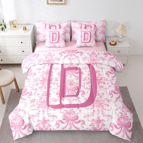 Erosebridal Letter D Bed in a Bag Twin Size,Pink Botanical Flower Bed Set,Ribbon Bow Bedding Twin Size For Girls,Breathable Room Decoration Reversible,7 Pieces