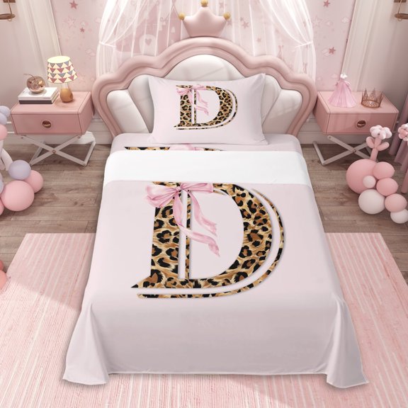 Erosebridal Letter D Monogrammed Girl Twin Sheet Sets 3pcs,Brown Leopard Print Pink Bow Bedding For Teens,Breathable Home Decor