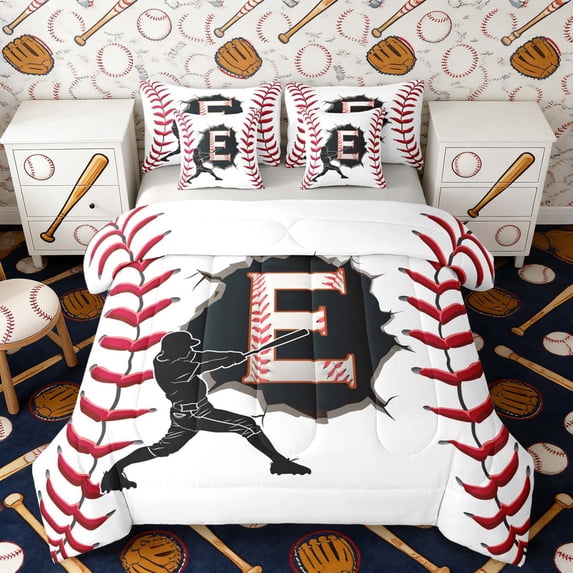 Erosebridal Letter E Baseball Player Print Bedding Comforter Set, Sports Monogram Full Bedding Set for Kids Boys and Girls, Gray Reversible 7 Pieces