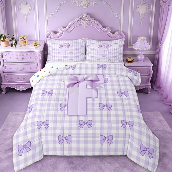 Erosebridal Letter F Initial Full Size Comforter Sets For Kids Girls,Purple Plaid Bedding Sets For Bow Tie Lover,Reversible,3-Piece
