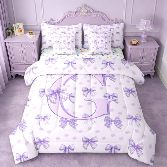 Erosebridal Letter G Initial Print 7-Piece Twin Bedding Sets For Girls,Purple Cute Bow Kids Bedding Comforter Set,Colorful Stars Reversible