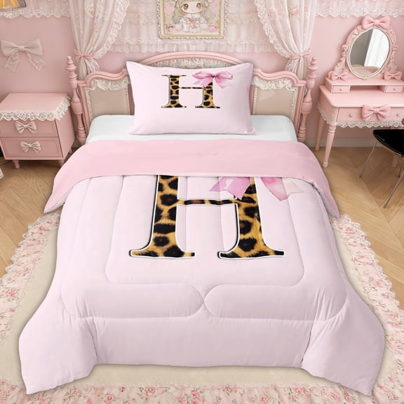 Erosebridal Letter H Leopard Print Twin Comforter Sets, Pink Princess Bow Bedding Set for Girls Kids, Pink Reversible, 2pcs