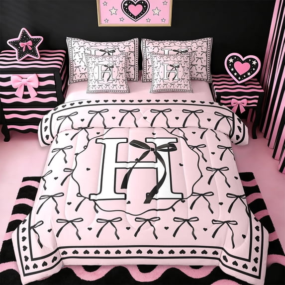 Erosebridal Letter H Monogrammed 7-Piece Bedding Comforter Set,Kids Bowknot Gifts King Bedding Sets For Bows Lover,Pink Reversible
