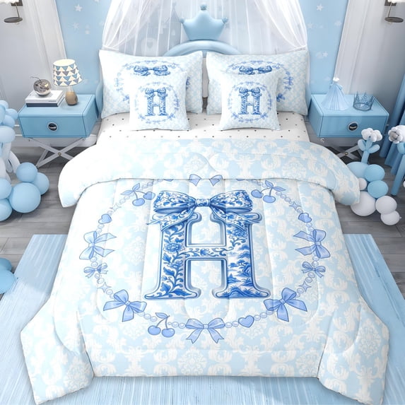 Erosebridal Letter H Monogrammed 7-Piece Twin Bedding Sets,Girls Blue Ribbon Bow Bedding Comforter Set For Bowknot Lover,Reversible