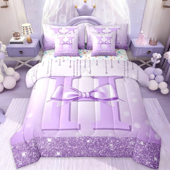 Erosebridal Letter H Monogrammed 7-Piece Twin Bedding Sets,Purple Princess Bow Kids Bedding Comforter Set For Bowtie Lover,Colorful Stars Reversible