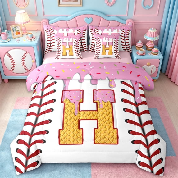 Erosebridal Letter H Monogrammed 7pcs Bedding Comforter Set,Baseball Sport Ball Game Queen Bedding Sets For Kids Girls,Reversible pink
