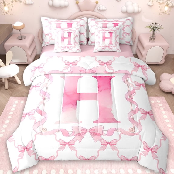 Erosebridal Letter H Monogrammed 7pcs Bedding Comforter Set,Girly Bowknot Princess Queen Bedding Sets For Kids Women,Reversible pink