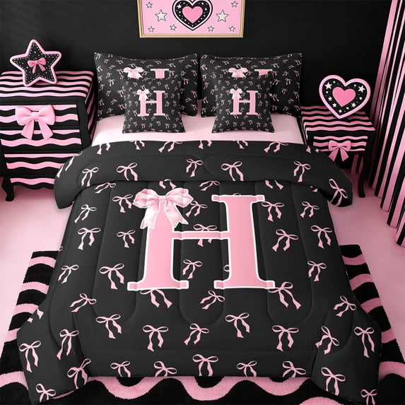 Erosebridal Letter H Monogrammed 7pcs Bedding Comforter Set,Girly Pink Ribbon Bowtie Queen Bedding Sets For Kids,Pink Reversible