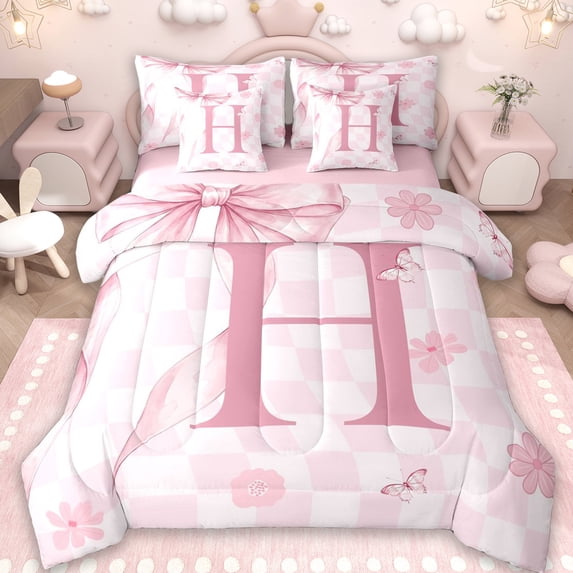 Erosebridal Letter H Monogrammed 7pcs Bedding Comforter Set,Modern Geometric Pattern Queen Bedding Sets For Kids Girls,Reversible pink