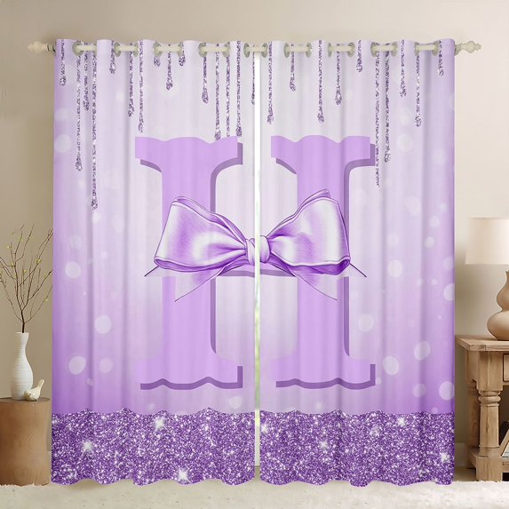 Erosebridal Letter H Monogrammed Black Out Curtains,Purple Princess Bowknot Kids Curtains Pack of 2 (42x63 Each) For Bowtie Lover
