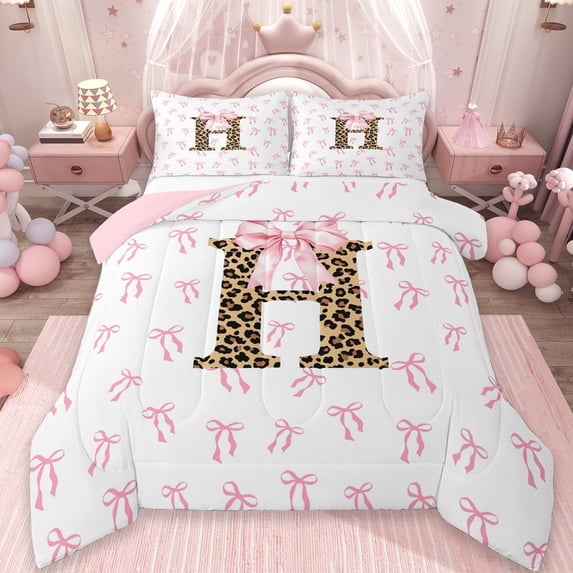 Erosebridal Letter H Monogrammed Full Size Comforter Sets,Pink Girly Bowknot Bedding Sets For Leopard Print Lovers, Reversible 3pcs