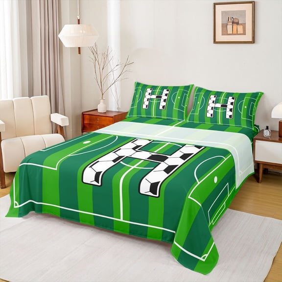 Erosebridal Letter H Monogrammed Queen Sheet Sets,Green White Black Bed Set For Kids Boys 4 Pieces