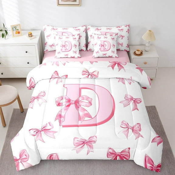 Erosebridal Letter Initial Bedding Sets Twin Size,Kawaii Bowknot Personalized Comforter Sets with Sheets,Monogrammed Decor,Reversible,Breathable,7-Piece