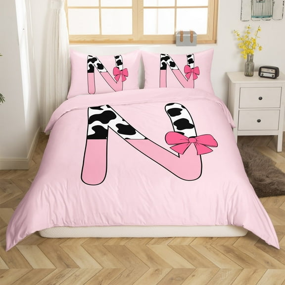 Erosebridal Letter Initial O Comforter Cover Twin,Kawaii Bow Bedding Twin Size,Lightweight Reversible Comforter Cover Twin,Cow Print Decor,3-Piece(No Comforter)