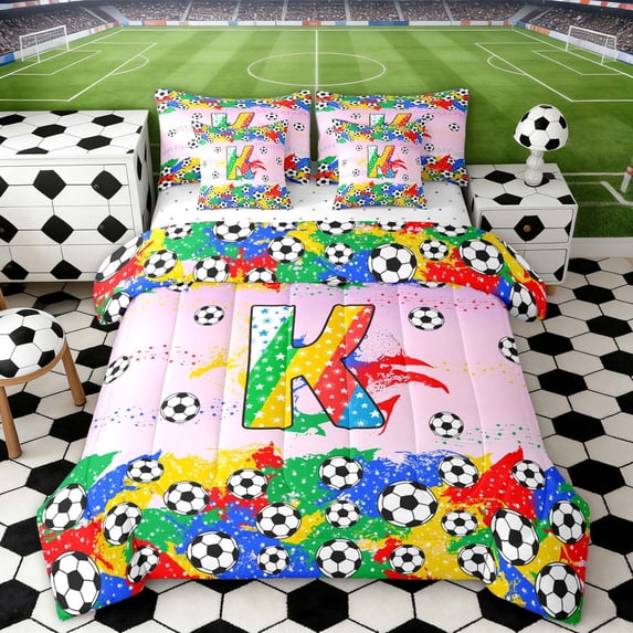 Erosebridal Letter K Pink Gradient Soccer Ball Print Bedding Comforter Set, Sports Monogram Queen Bedding Sets for Kids Boys and Girls, Reversible 7 Pieces