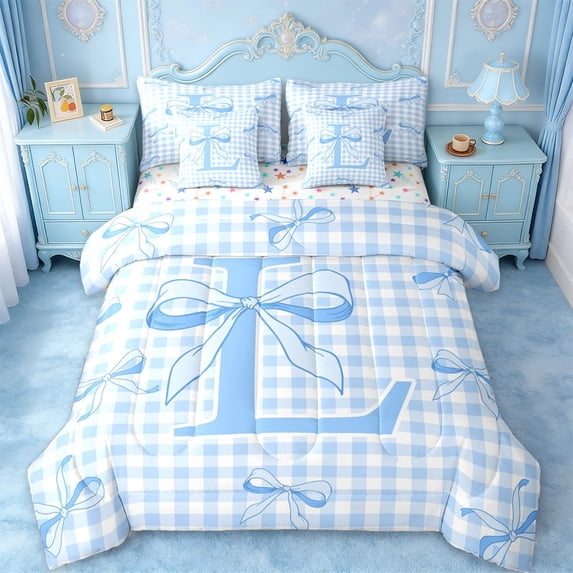 Erosebridal Letter L Monogrammed 7-Piece Twin Bedding Sets,Blue Princess Bow Bedding Comforter Set For Kids Girls,Colorful Stars Reversible