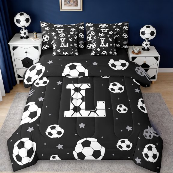 Erosebridal Letter L Monogrammed 7-Piece Twin Bedding Sets,White Black Bedding Comforter Set For Kids Boys,Reversible Black
