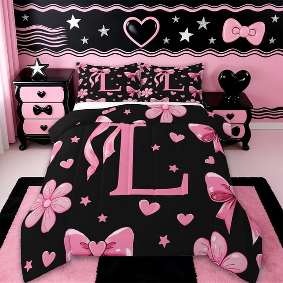 Erosebridal Letter L Monogrammed Full Size Comforter Sets,Pink Ribbon Bow Girls Bedding Sets For Kids,Reversible black,3pcs