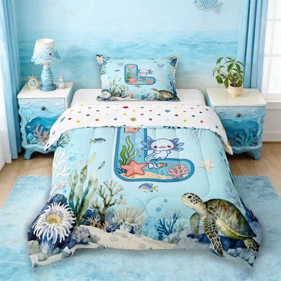 Erosebridal Letter L Monogrammed Twin Comforter Sets,Kawaii Sea Animal Axolotl Turtle Bedding Set For Kids Boys,Reversible 2pcs