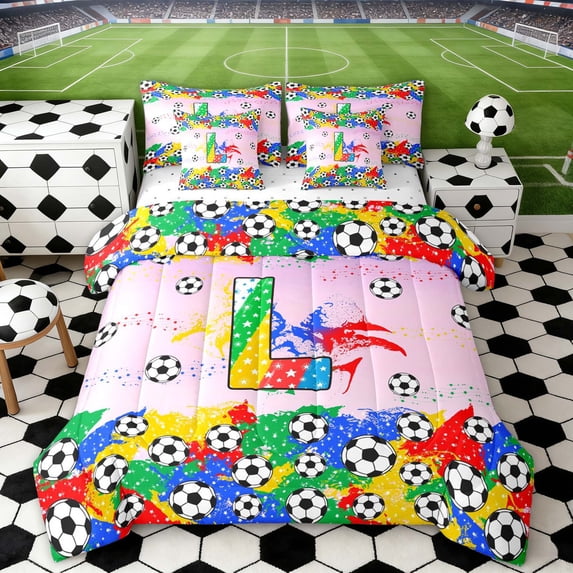 Erosebridal Letter L Pink Gradient Soccer Ball Print Bedding Comforter Set, Sports Monogram Full Bedding Set for Kids Boys and Girls, Reversible 7 Pieces
