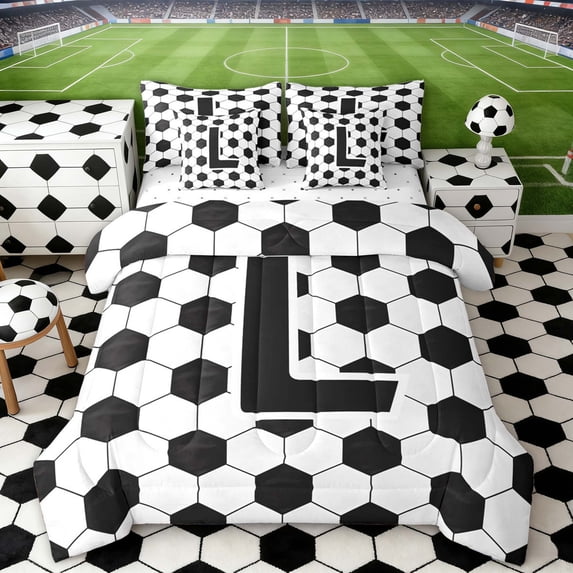 Erosebridal Letter L Soccer Ball Pattern Print Twin Bedding Sets, Sports Monogram Bedding Comforter Set for Kids Boys and Girls, Reversible 7 Pieces