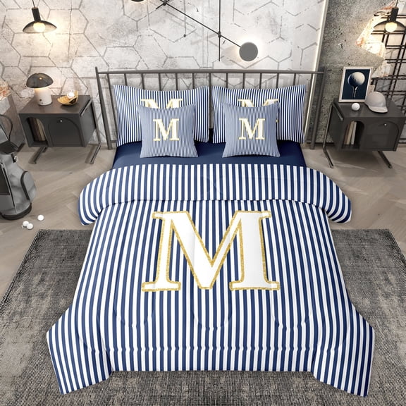 Erosebridal Letter M Kids Twin Bedding Sets 7-Piece, Modern Abstract Bedding Comforter Set, Blue Reversible