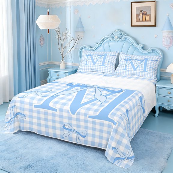 Erosebridal Letter M Monogrammed Queen Sheet Sets For Kids,Classic Geometric Buffalo Plaid Bed Set 4 Pieces