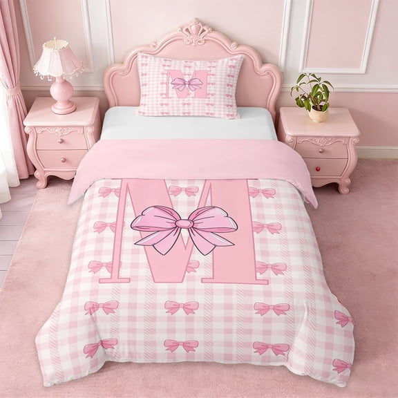 Erosebridal Letter M Monogrammed Twin Bedding For Kids,Bow Theme Geometric Buffalo Plaid Duvet Cover Set,Pink Reversible,2pcs(No Comforter)