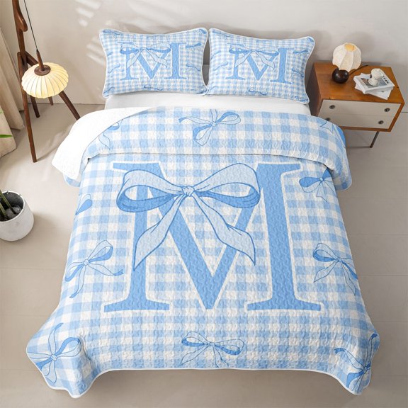 Erosebridal Letter M Monogrammed Twin Quilt Set For Kids,Classic Geometric Buffalo Plaid Twin Coverlet Set,2-Piece