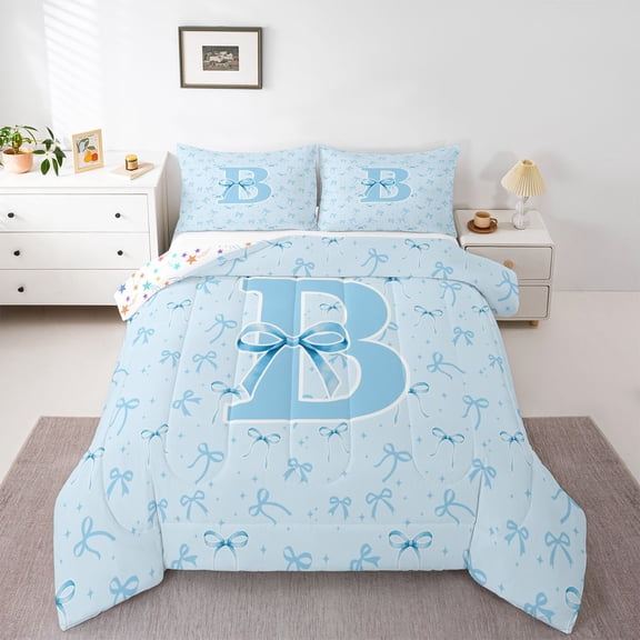 Erosebridal Letter Monogrammed B Full Size Comforter Sets 3 Pieces For Kids,Girls Cartoon Ribbon Bowknot Bedding Sets,Breathable Home Decor