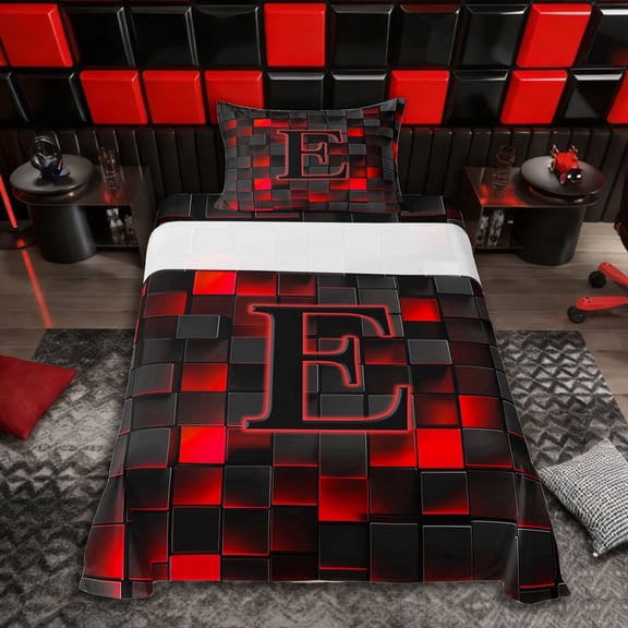 Erosebridal Letter Monogrammed E Boy Twin Sheet Sets 3pcs,Teens Children Black Red Futuristic Cubes Bedding