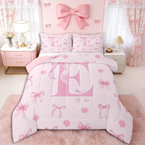 Erosebridal Letter Monogrammed E Pink Bow Queen Comforter Set 3pcs,Floral Cherry Blossoms Bedding Comforter Set,Pink Reversible,Super Cozy Room Decor