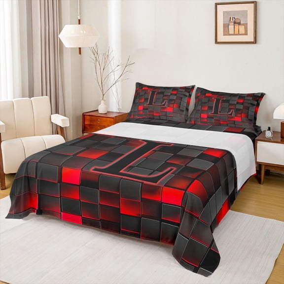 Erosebridal Letter Monogrammed L Boy Bed Sheets 4pcs,Teens Children Black Red Futuristic Cubes King Sheets