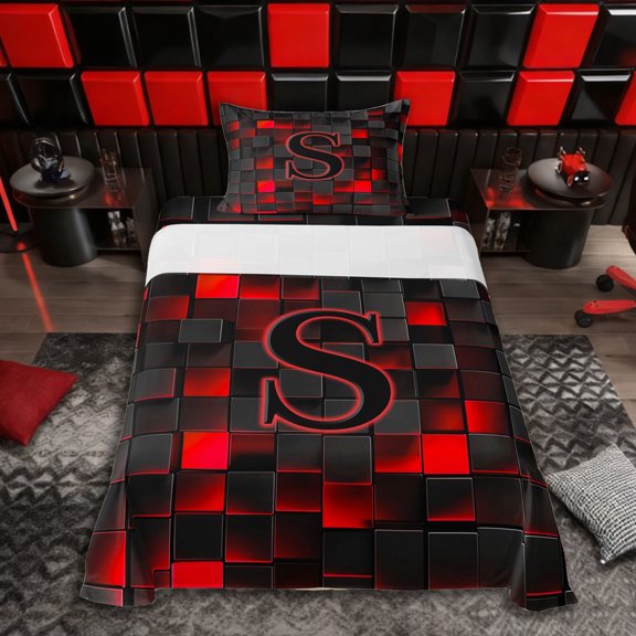 Erosebridal Letter Monogrammed S Boy Twin Sheet Sets 3pcs,Teens Children Black Red Futuristic Cubes Bedding