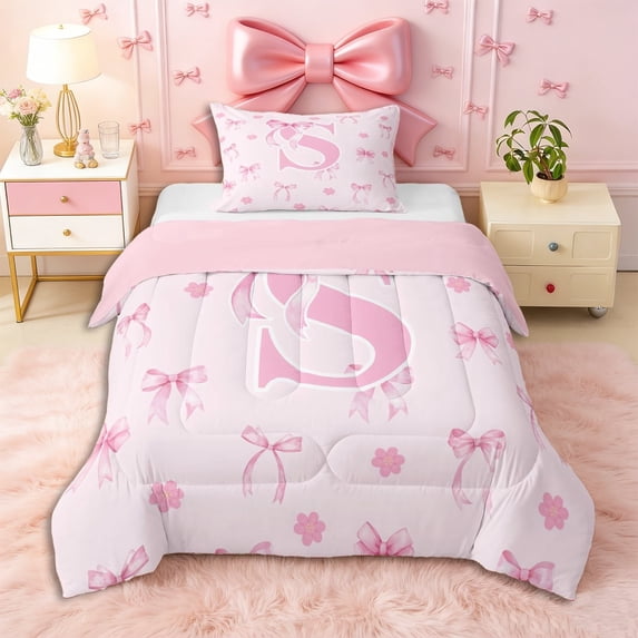 Erosebridal Letter Monogrammed S Pink Bow Twin Comforter Sets 3-Piece,Floral Cherry Blossoms Bedding Set,Pink Reversible,Breathable Home Decor