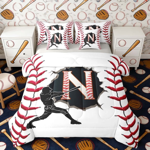 Erosebridal Letter N Baseball Player Print Bedding Comforter Set, Sports Monogram Queen Bedding Sets for Kids Boys and Girls, Gray Reversible 7pcs