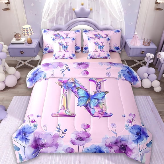 Erosebridal Letter N Bed in a Bag Queen Size,Watercolor Butterfly Bed Set,Tir-Dye Floral Bedding Queen Size For Girls Kids,Ultra Soft Bedroom Decorative Reversible,7 Pieces