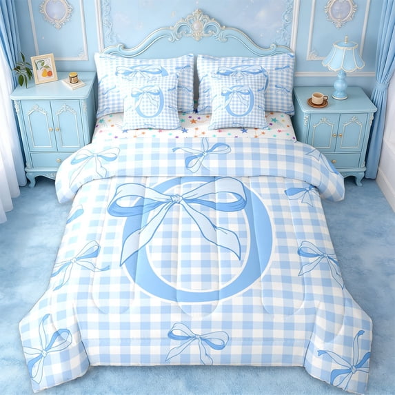 Erosebridal Letter O Initial Monogram 7-Piece Twin Bedding Sets,Blue Bow Aesthetic Bedding Comforter Set For Kids,Colorful Stars Reversible