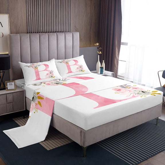 Erosebridal Letter Personalized Bed Sheets Set Queen Size,Floral Flower Bedding Sets Queen Size,Initial Monogrammed Bed Sheets Queen,Microfiber Teens Bedroom Decor,4-Piece