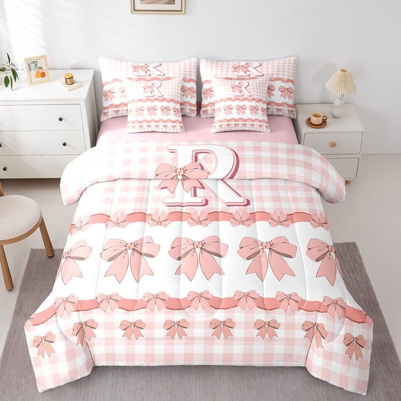 Erosebridal Letter Personalized Bedding Sets Twin Size,Bowknot Buffalo Comforter Sets with Sheets,Pink White Bed in a Bag Twin size,Lightweight Initial Room Decoration,Reversible,7pcs