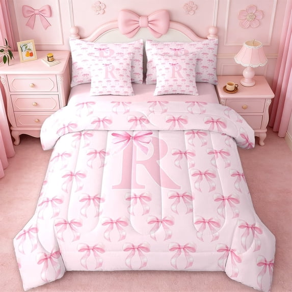 Erosebridal Letter R Initial Print 7-Piece Twin Bedding Sets For Girls,Pink Ribbon Bow Tie Kids Bedding Comforter Set,Pink Reversible