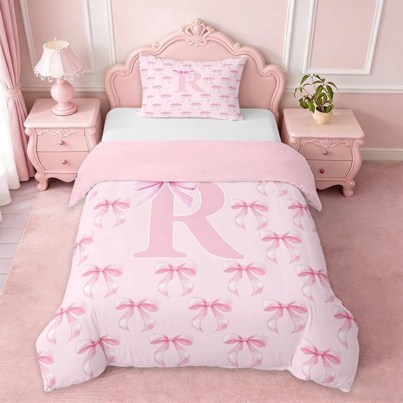 Erosebridal Letter R Initial Print Twin Bedding For Girls,Pink Ribbon Bow Tie Kids Duvet Cover Set,Pink Reversible,2 Pieces(No Comforter)