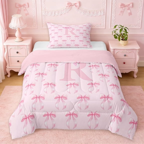 Erosebridal Letter R Initial Print Twin Comforter Sets For Girls,Pink Ribbon Bow Tie Kids Bedding Set,Pink Reversible,2 Pieces