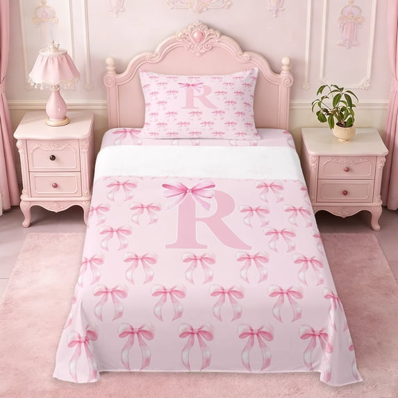 Erosebridal Letter R Initial Print Twin Sheet Sets For Girls,Pink Ribbon Bow Tie Kids Bedding 3 Pieces