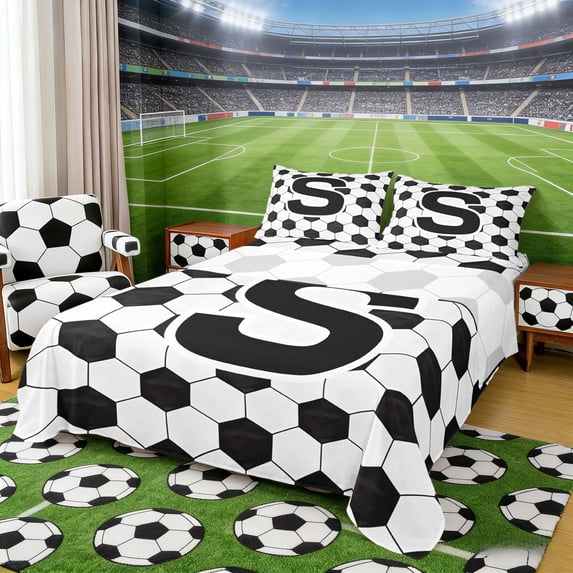 Erosebridal Letter S Soccer Ball Pattern Print Full Size Sheets, Sports Monogram Bed Sheets for Kids Boys and Girls, 1 Flat Sheet, 1 Fitted Sheet and 2 Pillowcases