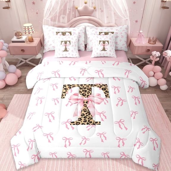Erosebridal Letter T Monogrammed 7-Piece Twin Bedding Sets,Pink Girly Bowknot Bedding Comforter Set For Leopard Print Lovers,Reversible